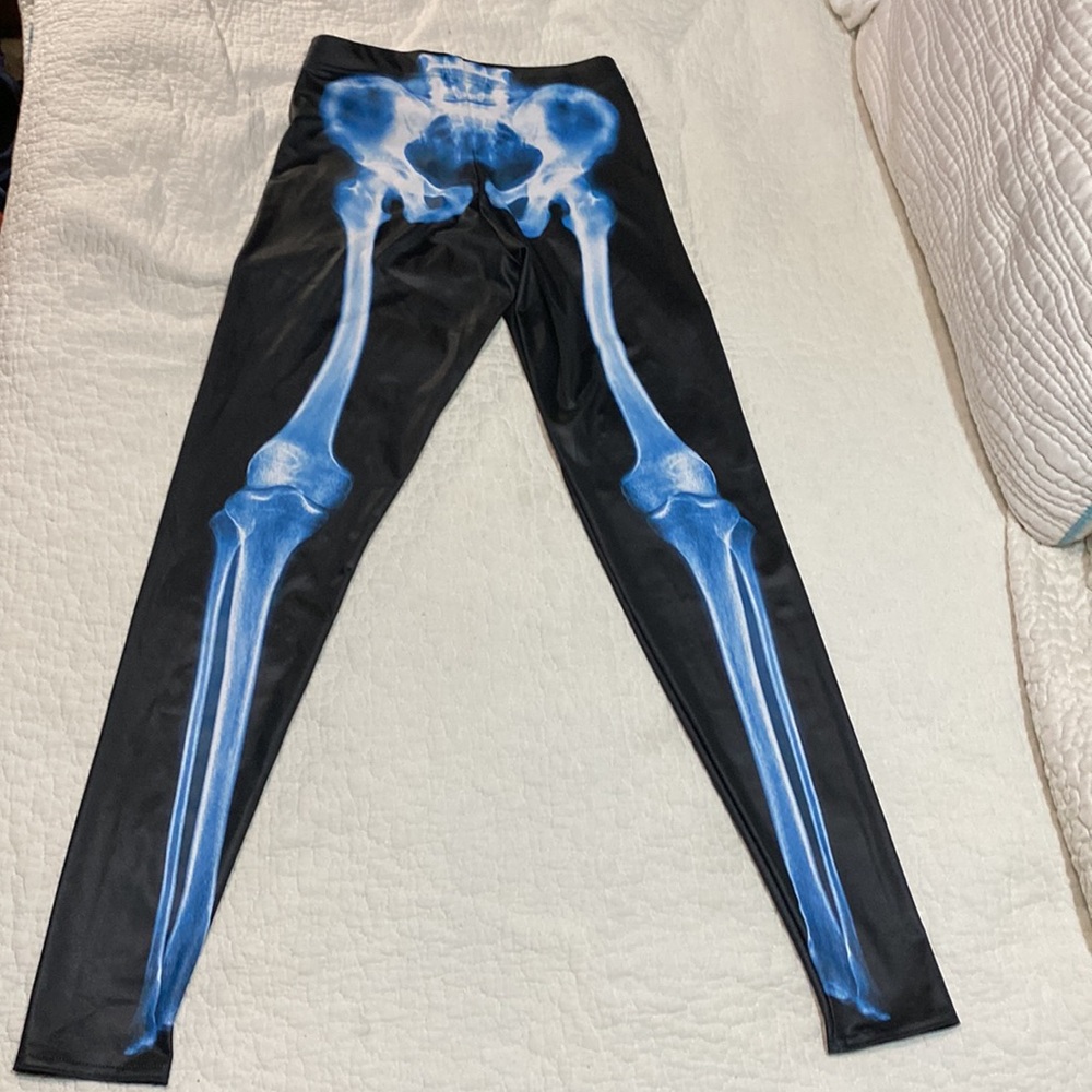 BlackMilk Black Leggings with Blue X-Ray Bone Print